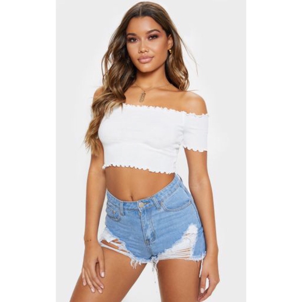 White Short Sleeve Frill Edge Bardot Top